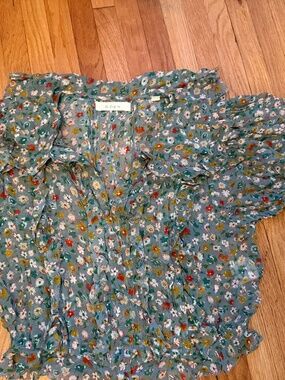 Doen 100% silk green henri floral crop ruffle blouse top xs 0 2
